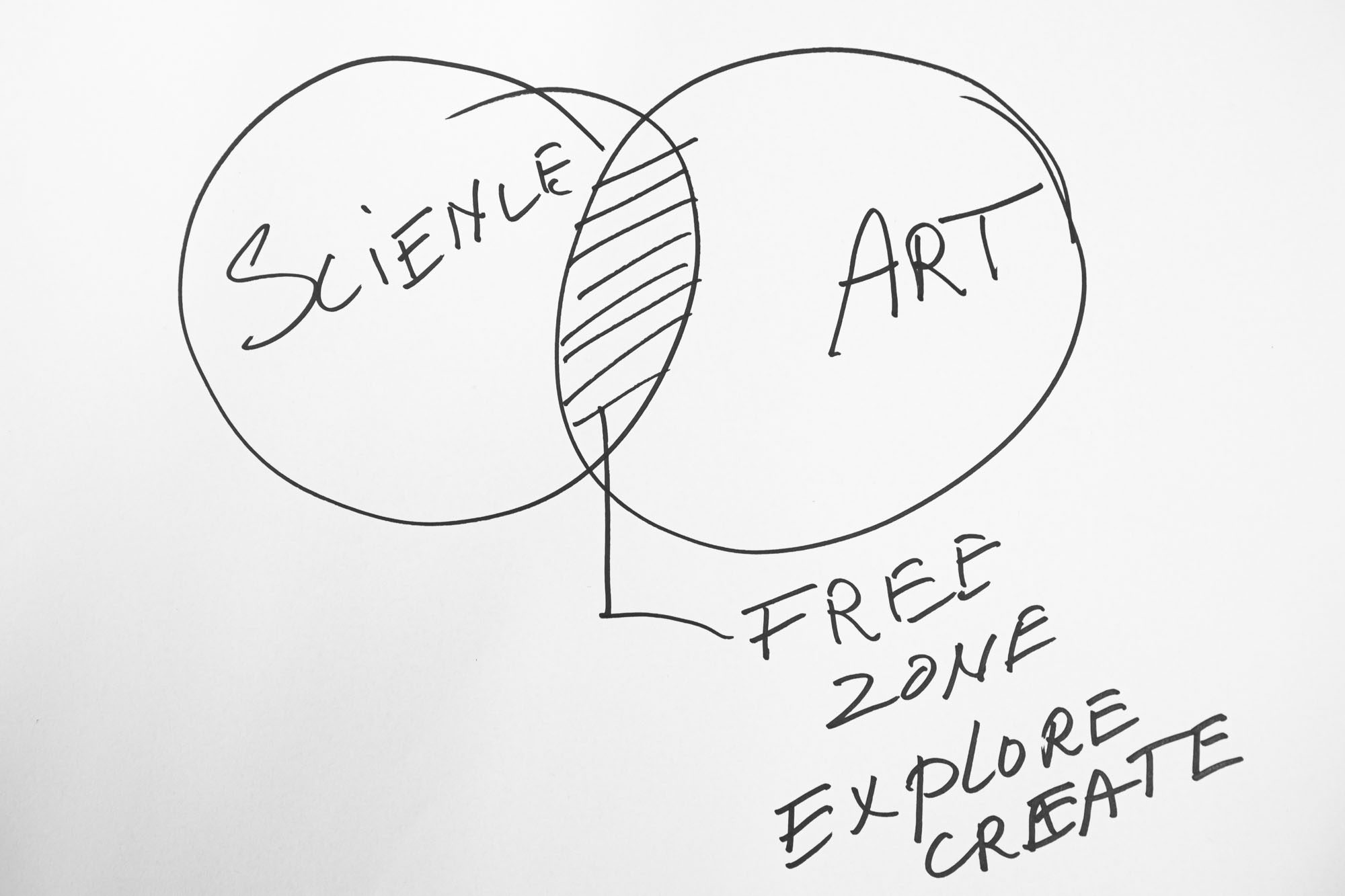 Overlapping cercles of "science" and "art", between them a "free zone explore create"